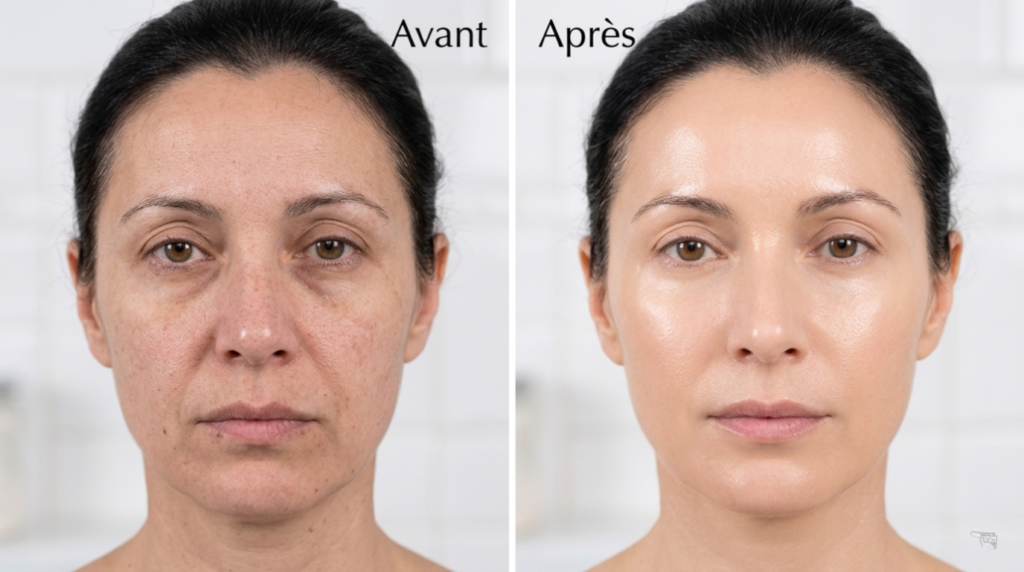 Avant et après utilisation masque led, luminothérapie