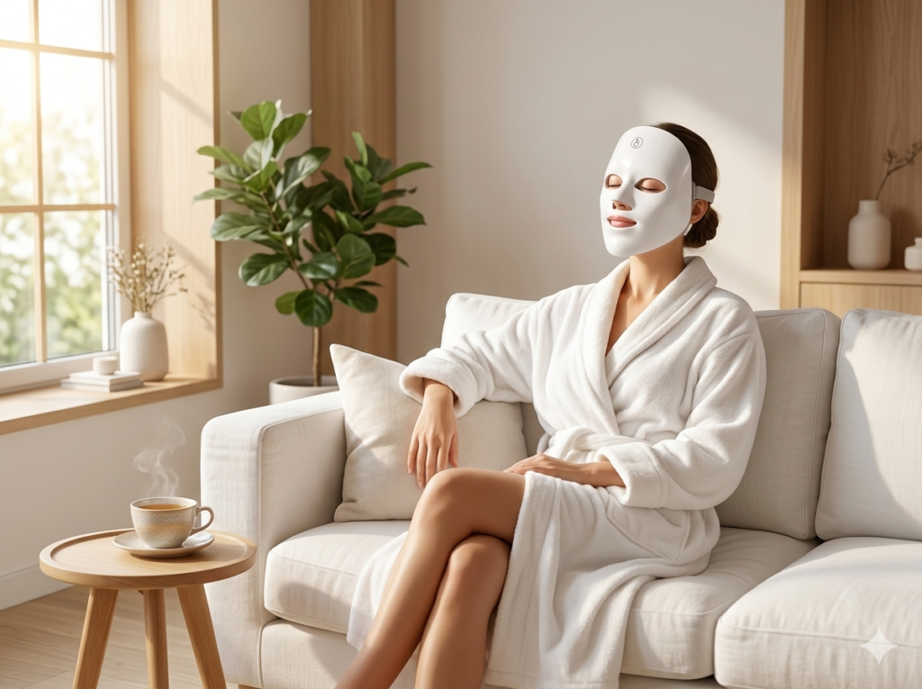 Femme qui porte le masque LED